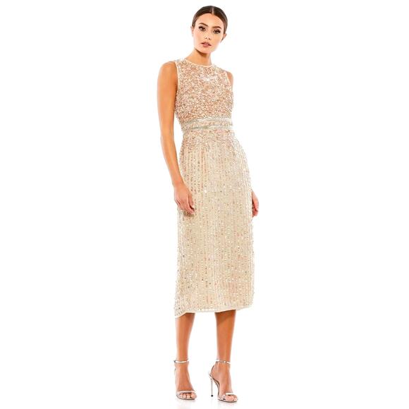 Mac Duggal NWT Size 6 Nude High Neck Embellished Belt Dress Wedding 10509 $298 - Picture 1 of 16